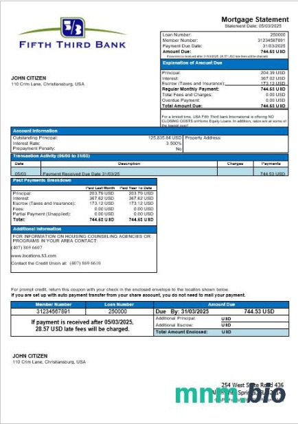 USA Fifth Third Bank wyciąg z kredytu hipotecznego w formatach Word i PDF